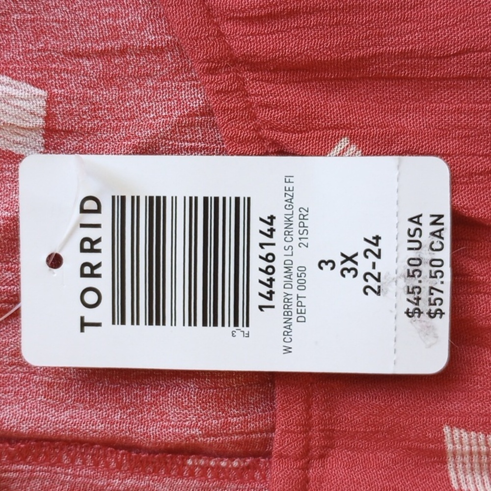 NWT Torrid Cranberry Diamond Long Sleeve Crinkled Gauze Top Tunic 3 - Picture 4 of 7